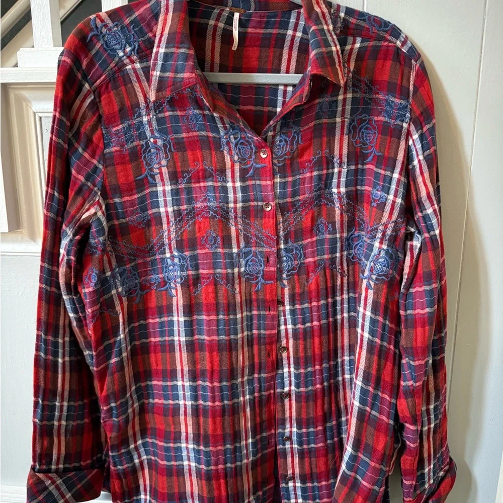 Red and Blue Plaid Button-Up Shirt - Picture 1 of 5